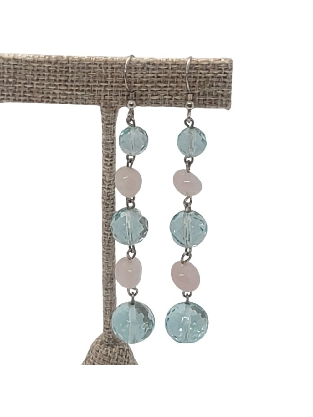 Beaded Dangle Earrings Blue Glass Beads Pink Rose Quartz On .925 Silver Hooks